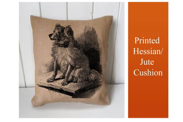 Dog Illustration - Cushion Fabric Panel Or Case Or With Filling Rustic Natural Jute Burlap Hessian
