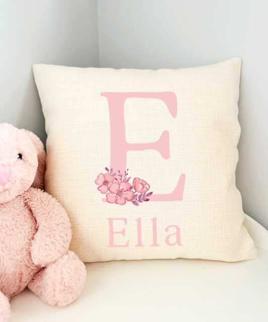 Girls Floral Nursery Decor, Cushion For Nursery, Personalised Kids Cushion, Name Pillow, Pink Flower Bedroom - image 1