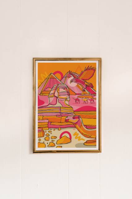 Egypt Pyramid Art Print Sphinx, Camel, Colorful Travel Illustration - image 1