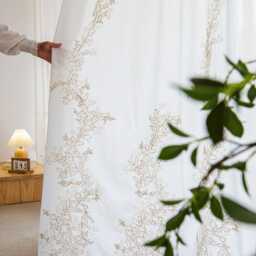 Custom White Voile Curtain With Gold Embroidery, Made To Measure - thumbnail 2