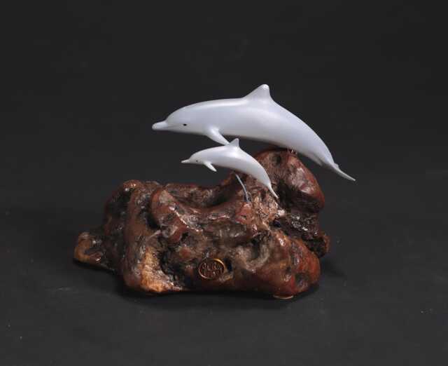 Dolphin Sculpture Figurine Decor By John Perry with Calf 5In Long Statue