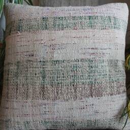 50cm - Or 20Inch Vintage Kilim Cushion Cover Handwoven - Goat Hair/Wool/Linen Cream Green Band - thumbnail 2