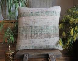 Vintage Handwoven Kilim Cushion Cover - Cream & Green, 20 Inch