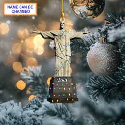 Custom Name Christ The Redeemer With Christmas Lights Personalized Ornament, Tree Hanging Decor, Flat Ornament