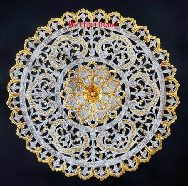 Round Hand Carved Wood Wall Art 90cm, Mandala Lotus Flower Mounted Hanging, Teak Panel, Moroccan Twin Boho Headboard 36 - image 1