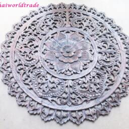 Round Hand Carved Wood Wall Art 90cm, Mandala Lotus Flower Mounted Hanging, Teak Panel, Moroccan Twin Boho Headboard 36 - thumbnail 2