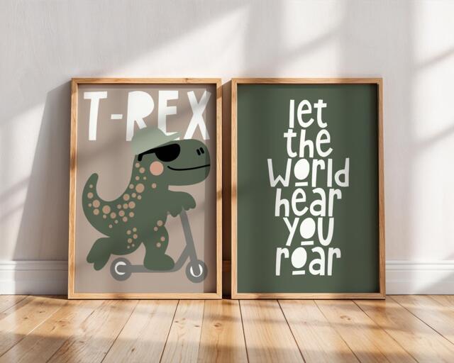 Cool T-Rex Dinosaur Kids Room Wall Art Prints - Set Of 2 - Let The World Hear You Roar Dino Nursery Decor Boys Bedroom Unframed - image 1