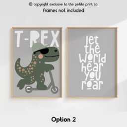 Cool T-Rex Dinosaur Kids Room Wall Art Prints - Set Of 2 - Let The World Hear You Roar Dino Nursery Decor Boys Bedroom Unframed - thumbnail 3