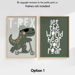 Cool T-Rex Dinosaur Kids Room Wall Art Prints - Set Of 2 - Let The World Hear You Roar Dino Nursery Decor Boys Bedroom Unframed - thumbnail 2