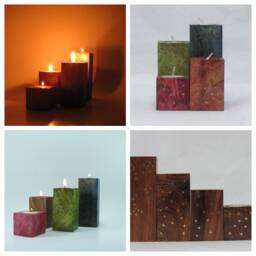 Set Of Four Block Tea Lightcandle Holders, T Light Rectangular/. Wood Finish/Color Finish With Copper Circular Specks.indian Art, Diwali Gift