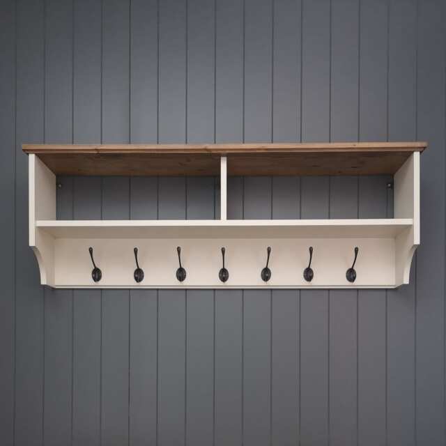 Wide Painted Hat & Coat Rack With Shelf. Wall Mounted Solid Wood Display Shelves Cast Iron Hooks For Hall Kitchen Bathroom Or Bedroom - image 1