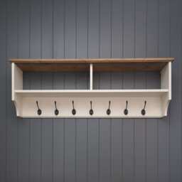 Wide Painted Hat & Coat Rack With Shelf. Wall Mounted Solid Wood Display Shelves Cast Iron Hooks For Hall Kitchen Bathroom Or Bedroom