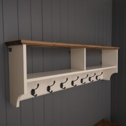 Wide Painted Hat & Coat Rack With Shelf. Wall Mounted Solid Wood Display Shelves Cast Iron Hooks For Hall Kitchen Bathroom Or Bedroom - thumbnail 2