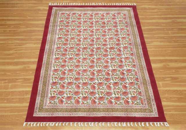 Handmade Red Floral Block Print Cotton Rug - image 1