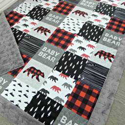 Personalized Minky Baby Blanket - Red Plaid Faux Quilt Bear Forest Animal Gift - thumbnail 2