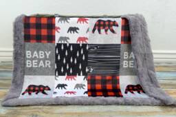 Personalized Minky Baby Blanket - Red Plaid Faux Quilt Bear Forest Animal Gift