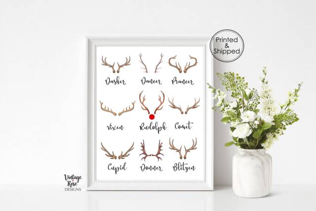 Reindeer Print, Christmas Wall Art, Decor, Rudolph The Red Nosed Reindeer, Xmas Festive Decorations, Real Foil Prints