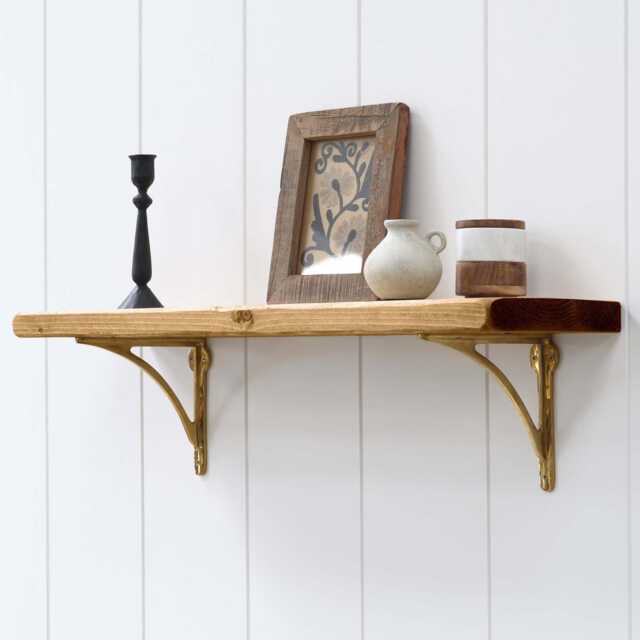 Rustic Wood Shelf With Solid Brass Brackets Handmade Scandinavian Pine