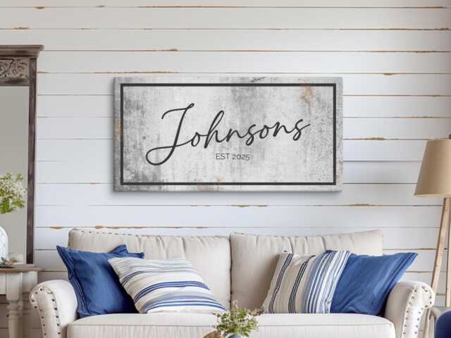 Personalized Family Last Name Sign, Rustic Canvas, Custom Decor For Home, Housewarming Gift, Wedding Wall Above Bed - image 1