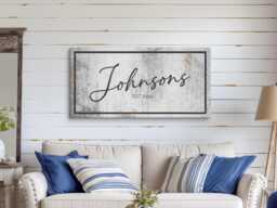Personalized Family Last Name Sign, Rustic Canvas, Custom Decor For Home, Housewarming Gift, Wedding Wall Above Bed - thumbnail 1
