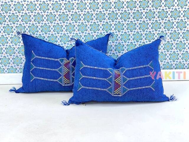 Yakiti-Blue Square Moroccan Pillows, Aka Cactus Silk Pillow, Decorative Pillows, Sabra Pillows, Moroccan Decor Designer Cactus - image 1