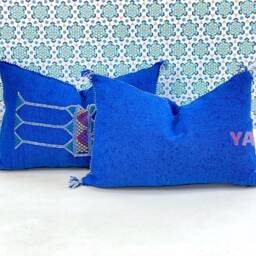 Yakiti-Blue Square Moroccan Pillows, Aka Cactus Silk Pillow, Decorative Pillows, Sabra Pillows, Moroccan Decor Designer Cactus - thumbnail 2