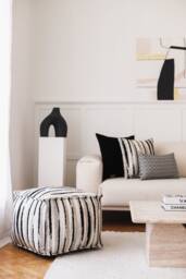 striped Woven Leather Ottoman Pouf Black, White, & Beige Cover