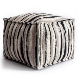 striped Woven Leather Ottoman Pouf Black, White, & Beige Cover - thumbnail 2