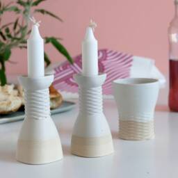 3D Printed Clay Shabbat Set, Weaving Pattern Kiddush Cup & Candlesticks