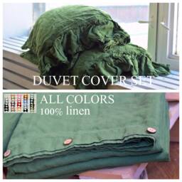 Duvet Cover Set & Pillow With Ruffle Treetop Green Color Stone Washed Seamless Full King Quilt Linen Duvet Cover Full