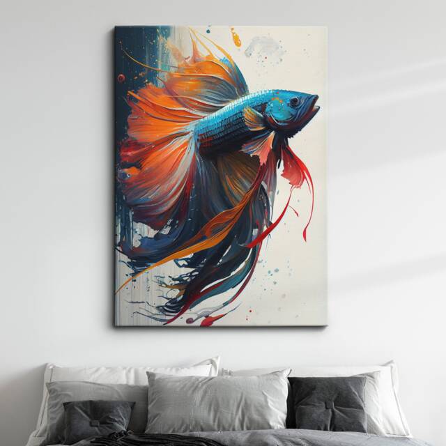 Betta Fighting Fish Aquarium Swimming Painting Splatter Wall Art Framed Canvas Poster Print, Home Office Room Decor Gifts - image 1