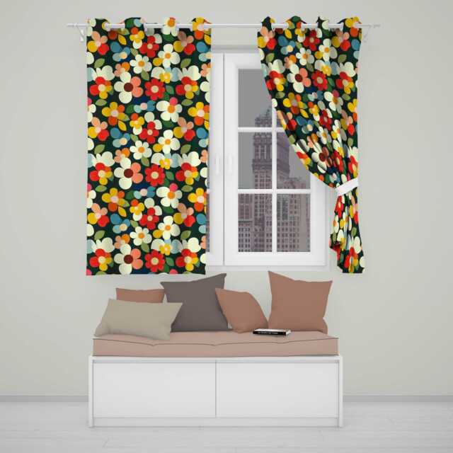 Colorful Daisy Flowers Dark Background Seamless Pattern Readymade Eyelet Ring Top Thermal 100% Blackout Curtains - image 1
