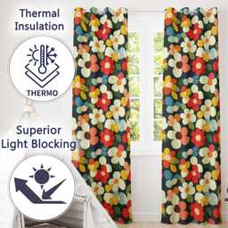 Colorful Daisy Flowers Dark Background Seamless Pattern Readymade Eyelet Ring Top Thermal 100% Blackout Curtains - thumbnail 3