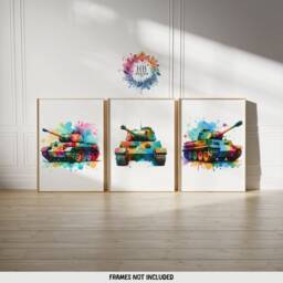 Colourful Tank Poster Set - 3 Tanks Prints - Watercolour Design Boys Room Bedroom Decor Gifts Army Wall Art Artwork Hanging - thumbnail 2