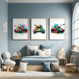Colourful Tank Poster Set - 3 Tanks Prints - Watercolour Design Boys Room Bedroom Decor Gifts Army Wall Art Artwork Hanging - thumbnail 1