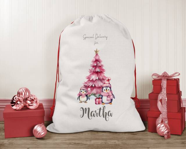 Personalised Christmas Sack Penguin Pink, Santa Sack, Girl's Eve Stocking, Present Bag, Father Christmas, Bag - image 1