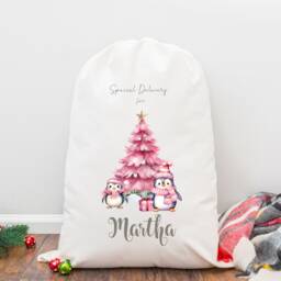 Personalised Christmas Sack Penguin Pink, Santa Sack, Girl's Eve Stocking, Present Bag, Father Christmas, Bag - thumbnail 2
