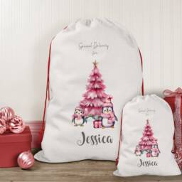 Personalised Christmas Sack Penguin Pink, Santa Sack, Girl's Eve Stocking, Present Bag, Father Christmas, Bag - thumbnail 3