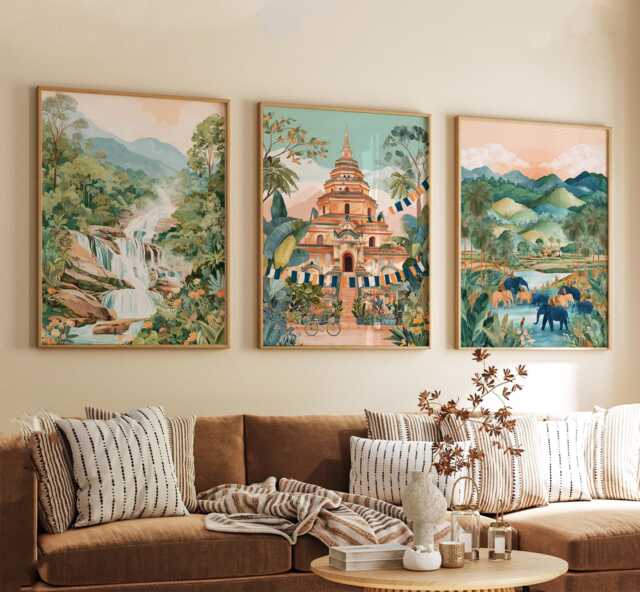 Chiang Mai Thailand Poster Set Of 3, Vintage Inspired Temple Landscape Wall Art, Neutral Asian Travel Prints - image 1