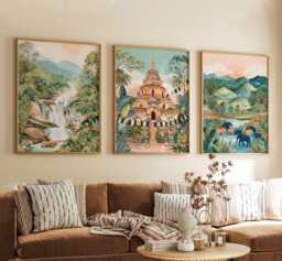 Chiang Mai Thailand Poster Set Of 3, Vintage Inspired Temple Landscape Wall Art, Neutral Asian Travel Prints - thumbnail 1