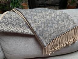 Peruvian Baby Alpaca Throw Blanket Steel Blue Beige Hand-Loomed Luxury Soft Hypoallergenic - thumbnail 1