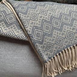 Peruvian Baby Alpaca Throw Blanket Steel Blue Beige Hand-Loomed Luxury Soft Hypoallergenic - thumbnail 3