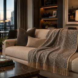 steel Blue & Beige Alpaca Throw Blanket Baby Alpaca, Wedding Gift Anniversary For Couple, Dad, Luxury Soft Hypoallergenic - thumbnail 2