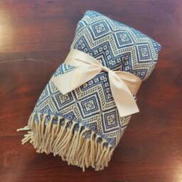 Peruvian Baby Alpaca Throw Blanket Steel Blue Beige Hand-Loomed Luxury Soft Hypoallergenic - thumbnail 2