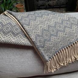 steel Blue & Beige Alpaca Throw Blanket Baby Alpaca, Wedding Gift Anniversary For Couple, Dad, Luxury Soft Hypoallergenic - thumbnail 4
