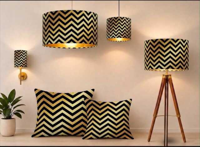 Handmade By Order Luxury Black Chevron Zigzag Geometric Pattern On Yellow Gold Velvet Drum Lamp Shade Pendant Light All Shapes - image 1