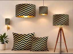 Handmade By Order Luxury Black Chevron Zigzag Geometric Pattern On Yellow Gold Velvet Drum Lamp Shade Pendant Light All Shapes - thumbnail 1
