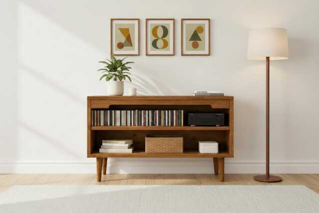 Mid-Century Modern Cd Storage Cabinet - Wooden Media Unit With 2 Shelves - image 1