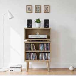 Mid-Century Modern Cd Storage Cabinet - Wooden Media Unit With 2 Shelves - thumbnail 4