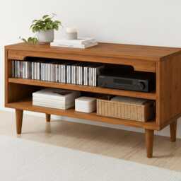Mid-Century Modern Cd Storage Cabinet - Wooden Media Unit With 2 Shelves - thumbnail 3